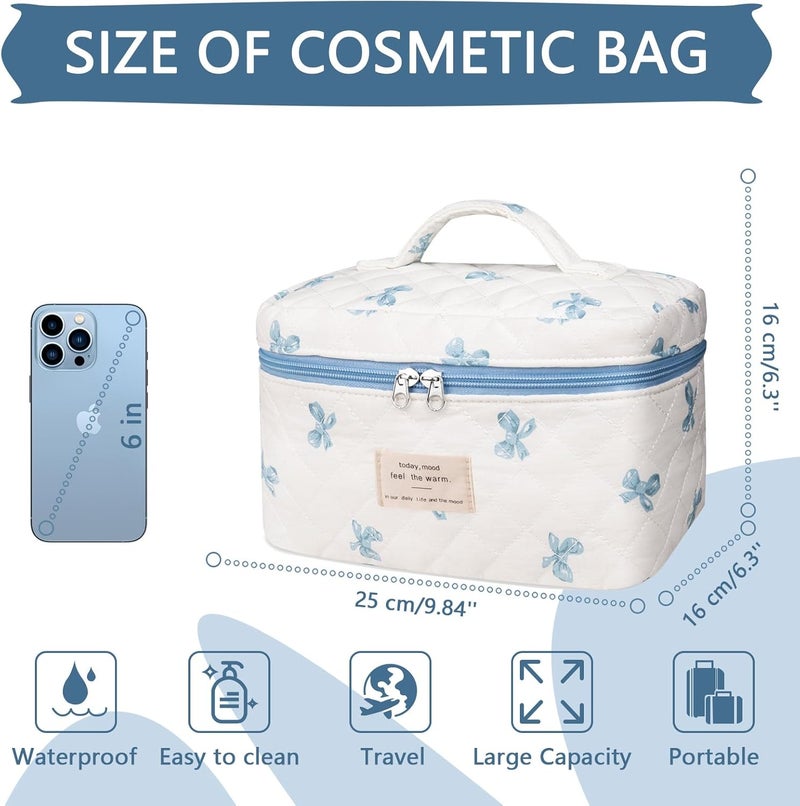 Gosect Large Makeup Bag, Cute Cosmetic Bag for Women Girls, Floral Coquette Aesthetic Toiletry Bag, Travel Make Up Organizer Bag (White Blue Butterfly Flower) - Image 2